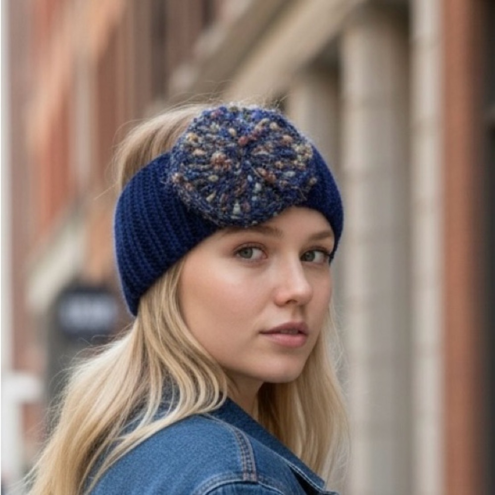 Headband Earwarmer Hand Crafted Blue Navy Floral Knit